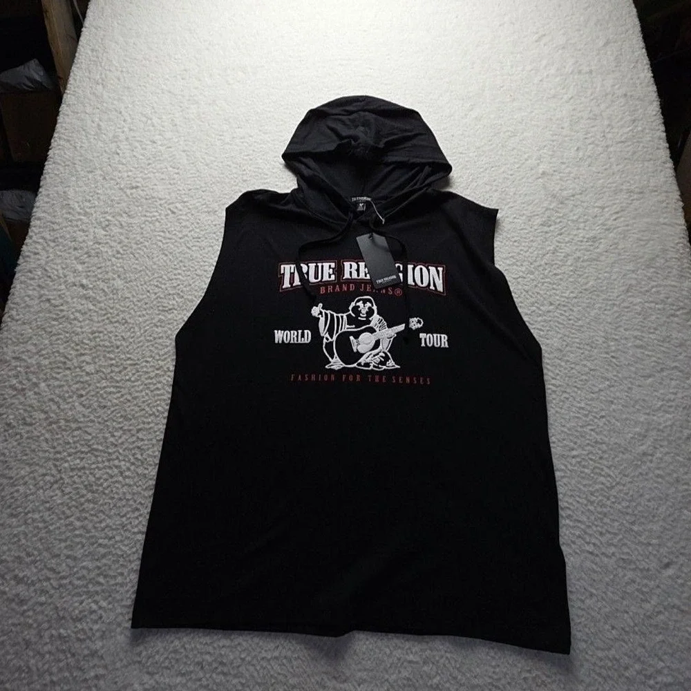 True Religion Hoodie Mens Large Black Sleeveless World Tour Graphic Pullover Top